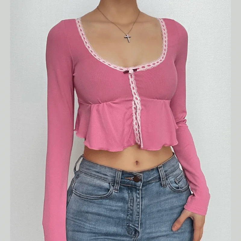 Ruffle long sleeve u neck lace hem slit contrast crop top Terry Blend Velvet Blend Canvas Blend Ruffle long sleeve u neck lace hem slit contrast crop top Terry Blend Velvet Blend Canvas Blend