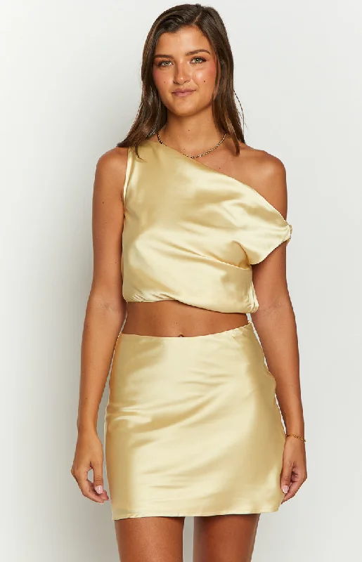 Scotlyn Yellow Satin Off The Shoulder Crop Top Front Pockets Side Pockets Patch Pockets