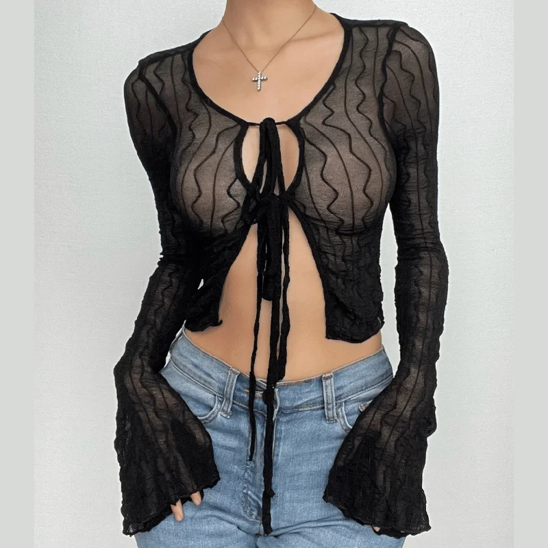 Self tie see through long flared sleeve textured crop top Mesh Blend Leather Blend Suede Blend Self tie see through long flared sleeve textured crop top Mesh Blend Leather Blend Suede Blend