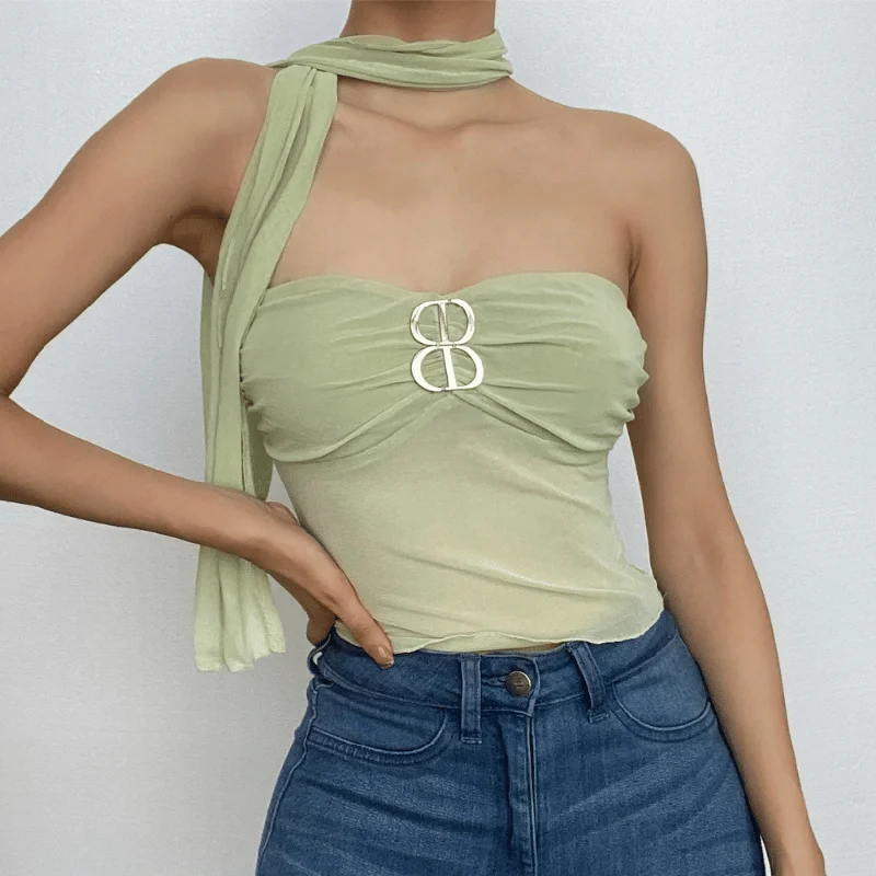 Sheer mesh backless buckle ruffle solid tube crop top Anti-Pilling Machine Wash Handmade Sheer mesh backless buckle ruffle solid tube crop top Anti-Pilling Machine Wash Handmade