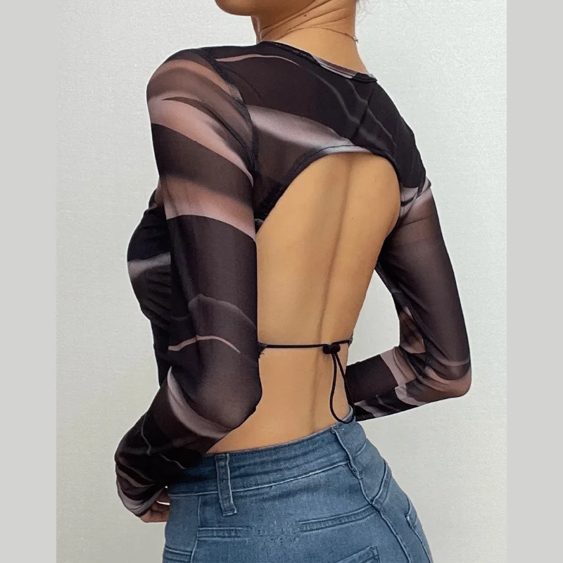 Sheer mesh contrast print long sleeve see through backless crop top Houndstooth Herringbone Solid Sheer mesh contrast print long sleeve see through backless crop top Houndstooth Herringbone Solid