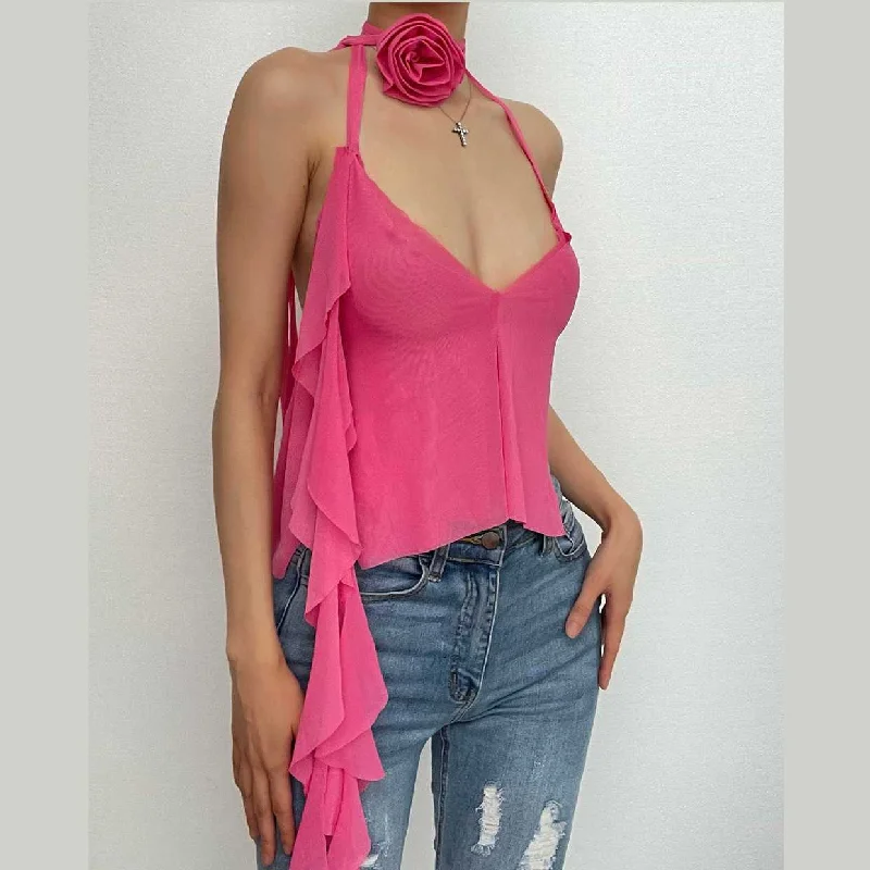 Sheer mesh see through flower applique v neck halter ruffle backless crop top Collared Crop Top Boat Neck A-Line Sheer mesh see through flower applique v neck halter ruffle backless crop top Collared Crop Top Boat Neck A-Line
