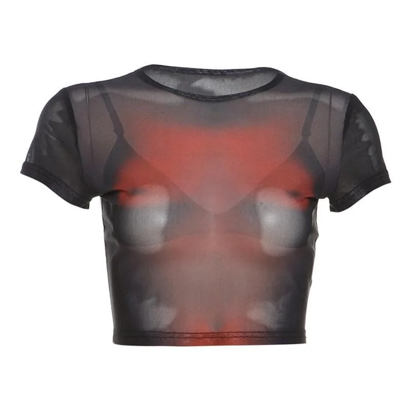 Short sleeve body print sheer mesh crop top Hooded Caped Shawl Collar