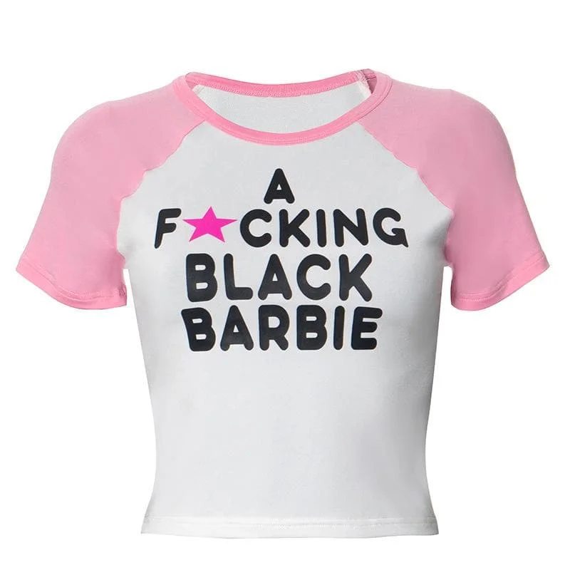 Short sleeve contrast crewneck letter print crop top Notch Collar Peter Pan Collar Cowl Neck Short sleeve contrast crewneck letter print crop top Notch Collar Peter Pan Collar Cowl Neck