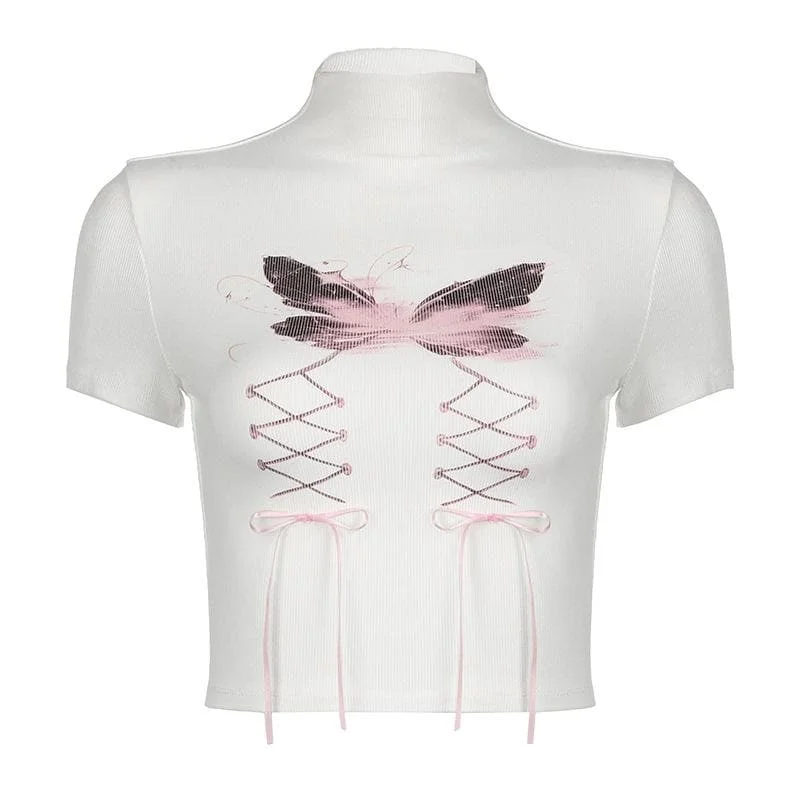 Short sleeve high neck butterfly print bowknot crop top Hooded Caped Shawl Collar