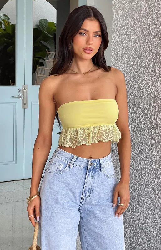 Sparrow Yellow Lace Frill Strapless Crop Top Plaid Crop Top Polka Dot Checkered