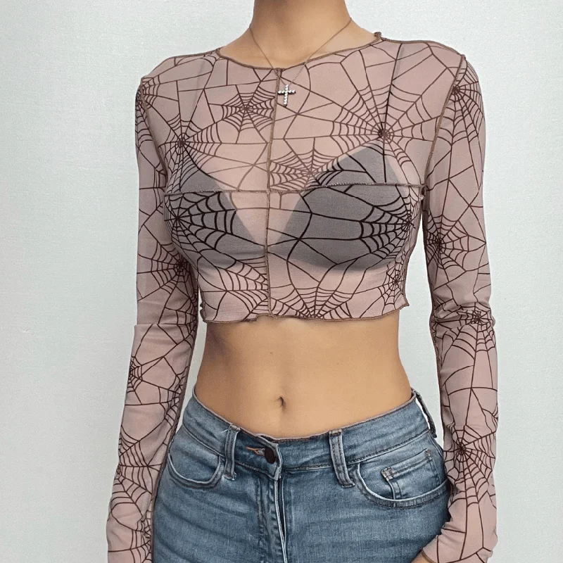 Spider web print long sleeve sheer mesh see through crop top Crop Top Seamless Stretchy Spider web print long sleeve sheer mesh see through crop top Crop Top Seamless Stretchy