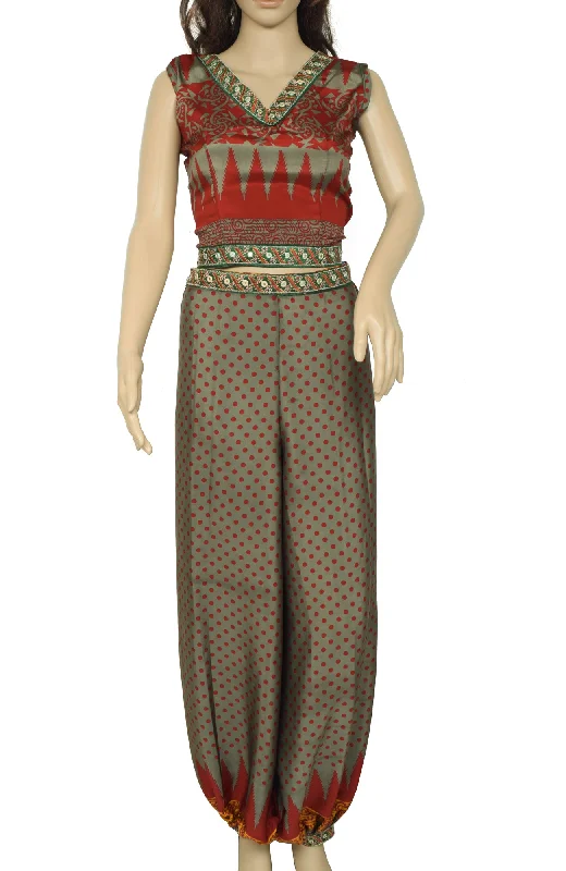 Sushila Vintage Blend Silk Sari upcycled Aladdin Pants & Crop Top Set Gray Striped Floral Plaid Sushila Vintage Blend Silk Sari upcycled Aladdin Pants & Crop Top Set Gray Striped Floral Plaid