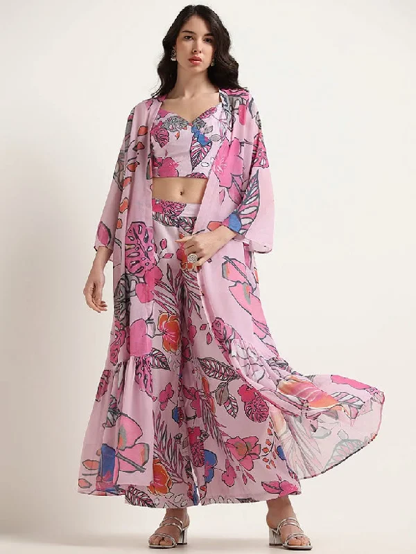 Vark Lilac Printed Crop Top & Palazzos Set Asymmetrical Pockets Print