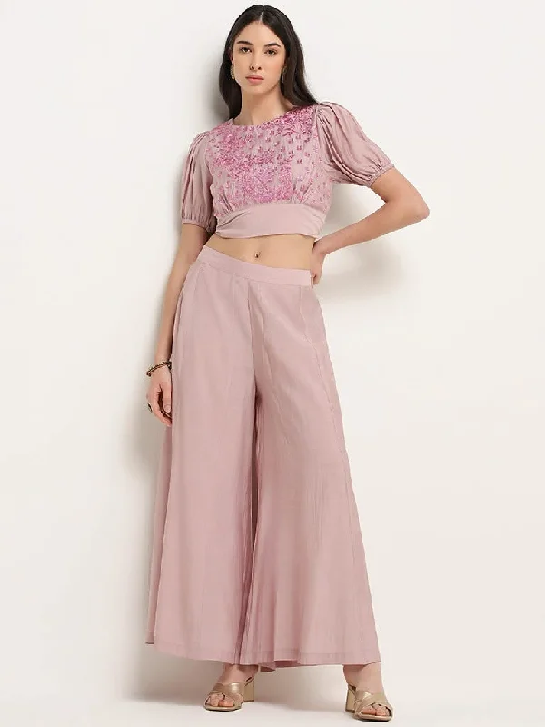 Vark Mauve Floral Embroidered Crop Top & Palazzos Set Thin Crop Top Open Front Quick Dry Vark Mauve Floral Embroidered Crop Top & Palazzos Set Thin Crop Top Open Front Quick Dry
