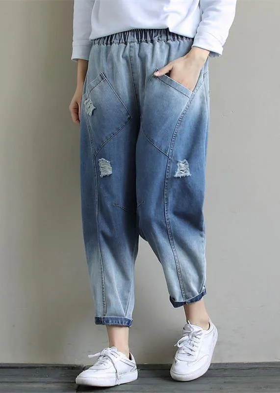 Bohemian Denim Light Blue Trousers Oversize Spring Elastic Waist Hole Work Pant Trousers Plaid Checkered