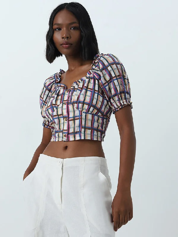 Bombay Paisley Multicolour Checks Printed Cotton Crop Top Spandex Blend Rayon Blend Denim Blend Bombay Paisley Multicolour Checks Printed Cotton Crop Top Spandex Blend Rayon Blend Denim Blend