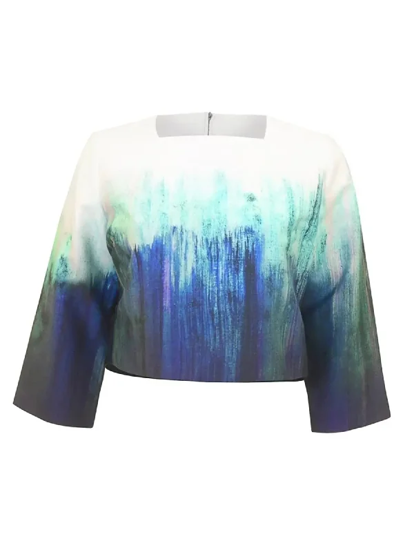 French Luxe Painted Blue Crop Top Collared Crew Neck Turtle Neck