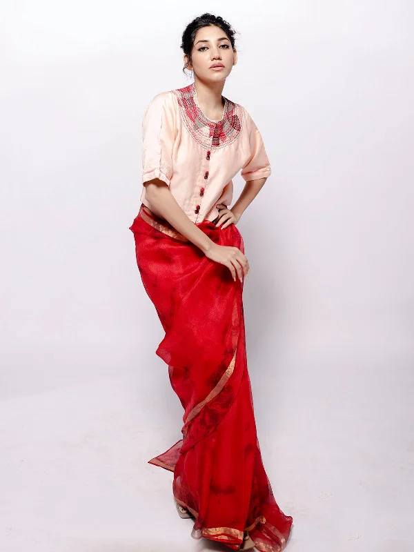 Red  Tie and Dye Saree with  Crop Top Print Jacquard Patchwork