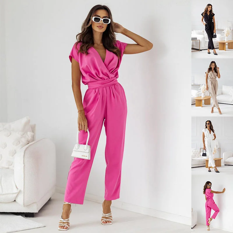 Fashion Solid Color Slimming Short-sleeved Jumpsuit Summer Lace-up Trousers Womens Clothing Trousers Designer Luxury Fashion Solid Color Slimming Short-sleeved Jumpsuit Summer Lace-up Trousers Womens Clothing Trousers Designer Luxury