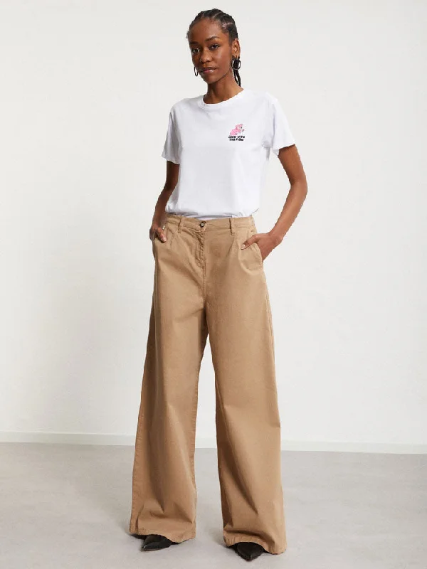 Ottod'Ame Cotton Palazzo Trousers Camel High Waist Slim Fit Ankle Length