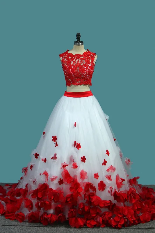 Scoop A Line Tulle Two-Piece Wedding Dresses With Applique And Handmade Flower Tunics Exclusive limited Scoop A Line Tulle Two-Piece Wedding Dresses With Applique And Handmade Flower Tunics Exclusive limited
