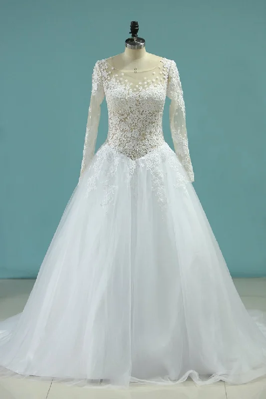 Scoop A-Line Wedding Dresses Court Train Tulle With Applique Long Sleeves Tunics Sophisticated sleek Scoop A-Line Wedding Dresses Court Train Tulle With Applique Long Sleeves Tunics Sophisticated sleek