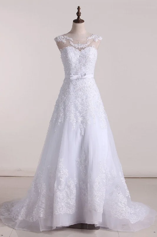 Scoop A Line Wedding Dresses Tulle With Applique And Sash Tunics Practical durable