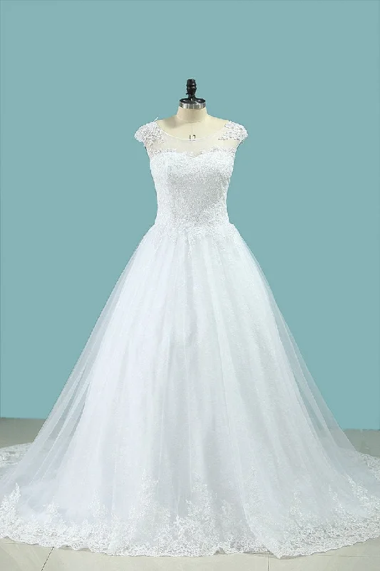 Scoop A Line Wedding Dresses Tulle With Applique Cathedral Train Tunics Sophisticated sleek Scoop A Line Wedding Dresses Tulle With Applique Cathedral Train Tunics Sophisticated sleek