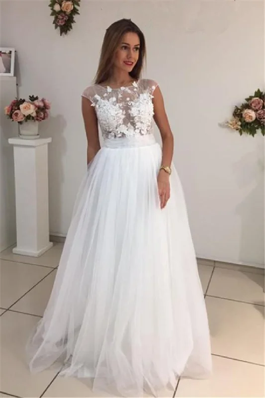 Scoop A Line Wedding Dresses Tulle With Applique Sweep Train Tunics Versatile all-occasion Scoop A Line Wedding Dresses Tulle With Applique Sweep Train Tunics Versatile all-occasion