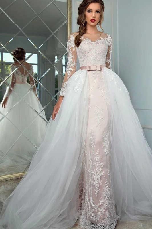 Scoop Long Sleeves Sheath Wedding Dresses Tulle With Applique Chapel Train Detachable Tunics Office stylish Scoop Long Sleeves Sheath Wedding Dresses Tulle With Applique Chapel Train Detachable Tunics Office stylish