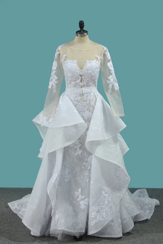 Scoop Long Sleeves Tulle & Lace Mermaid With Applique Chapel Train Detachable Wedding Dresses Tunics Bridal satin Scoop Long Sleeves Tulle & Lace Mermaid With Applique Chapel Train Detachable Wedding Dresses Tunics Bridal satin