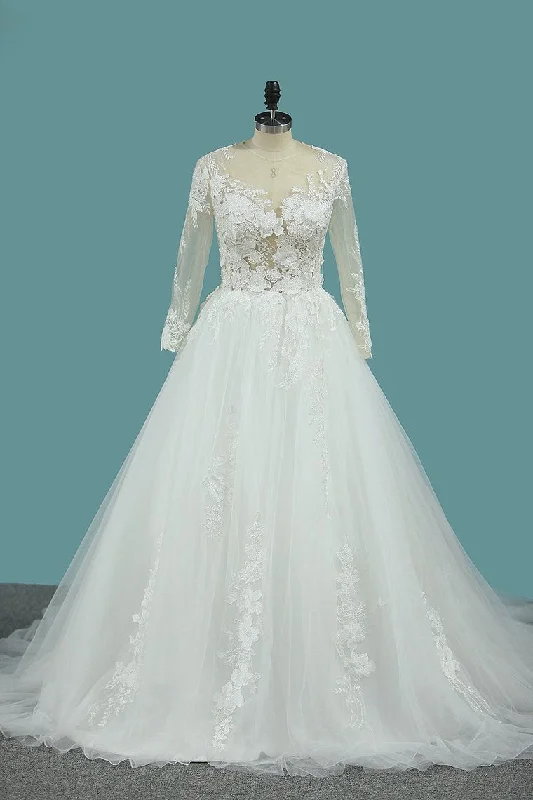 Scoop Long Sleeves Tulle Wedding Dresses With Applique Chapel Train Tunics Occasion special Scoop Long Sleeves Tulle Wedding Dresses With Applique Chapel Train Tunics Occasion special