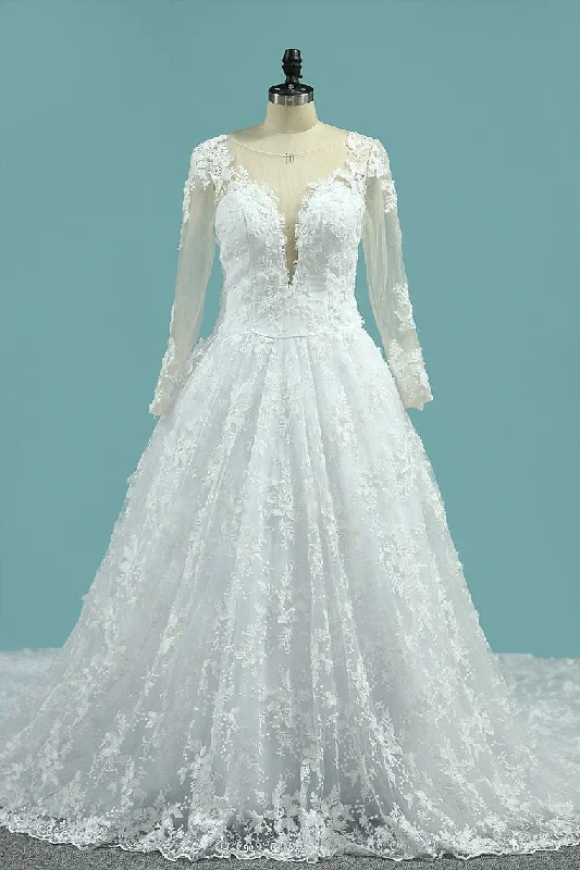 Scoop Long Sleeves Wedding Dresses A Line Tulle With Lace Court Train Tunics Fall fleece Scoop Long Sleeves Wedding Dresses A Line Tulle With Lace Court Train Tunics Fall fleece