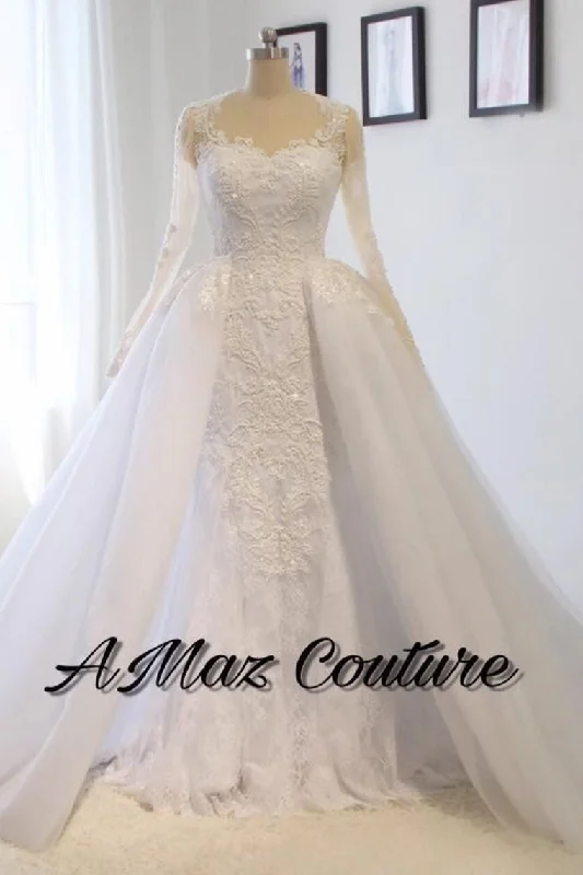 Scoop Long Sleeves Wedding Dresses Mermaid Tulle With Beading Court Train Detachable Tunics Bestseller popular Scoop Long Sleeves Wedding Dresses Mermaid Tulle With Beading Court Train Detachable Tunics Bestseller popular