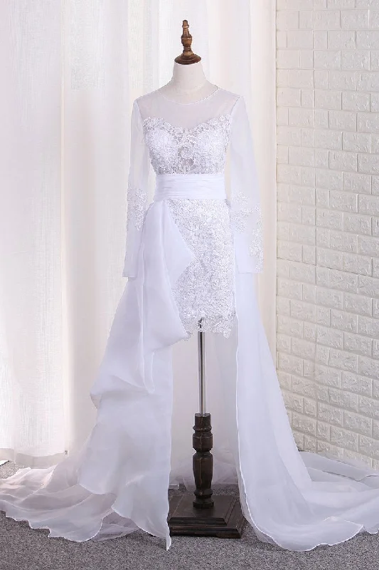Scoop Long Sleeves Wedding Dresses Tulle & Organza With Applique Sweep Train Detachable Tunics Essential wardrobe Scoop Long Sleeves Wedding Dresses Tulle & Organza With Applique Sweep Train Detachable Tunics Essential wardrobe