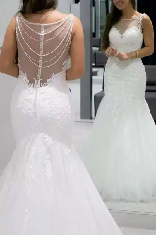 Scoop Mermaid Tulle Wedding Dresses With Applique And Beads Tunics Trendy modern