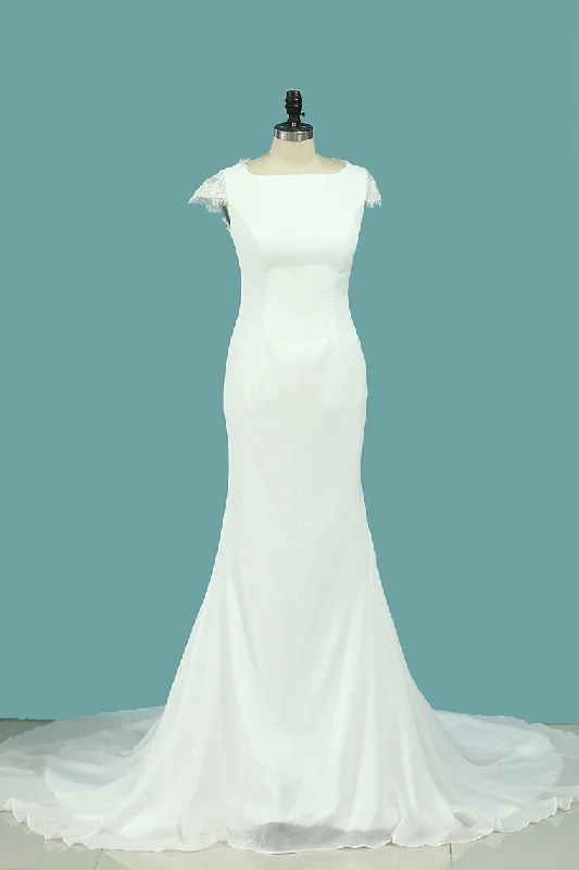 Scoop Mermaid Wedding Dresses Chiffon & Lace Sweep Train Tunics Stylish modern