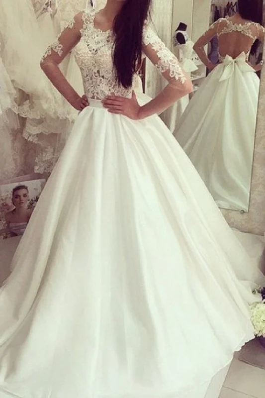 Scoop Mid-Length Sleeves Satin With Applique A Line Wedding Dresses Tunics Luxurious high-end Scoop Mid-Length Sleeves Satin With Applique A Line Wedding Dresses Tunics Luxurious high-end