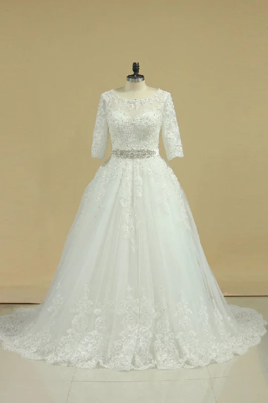 Scoop Mid-Length Sleeves Wedding Dresses A Line Tulle With Applique & Beads Pencil Office Professional Scoop Mid-Length Sleeves Wedding Dresses A Line Tulle With Applique & Beads Pencil Office Professional