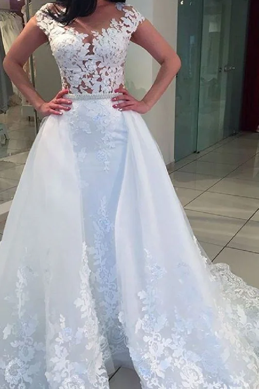 Scoop Neck Wedding Dresses Sheath With Appliques Tulle Detachable Skirt Crew Neckline Sporty Scoop Neck Wedding Dresses Sheath With Appliques Tulle Detachable Skirt Crew Neckline Sporty