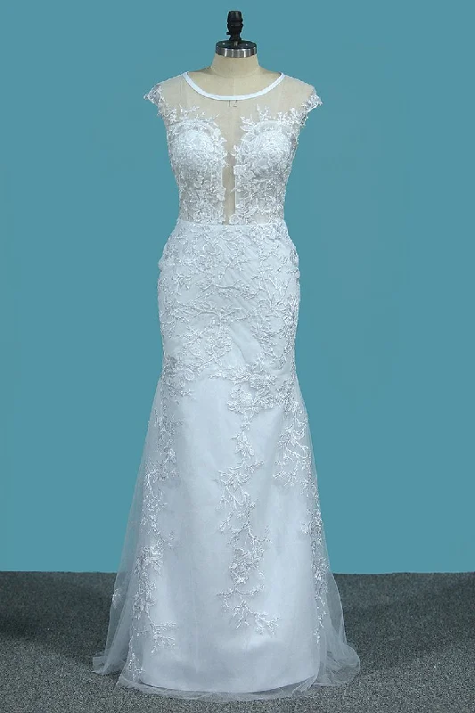 Scoop Open Back Sheath Tulle Wedding Dresses With Applique Chapel Train Detachable Tunics Lace romantic