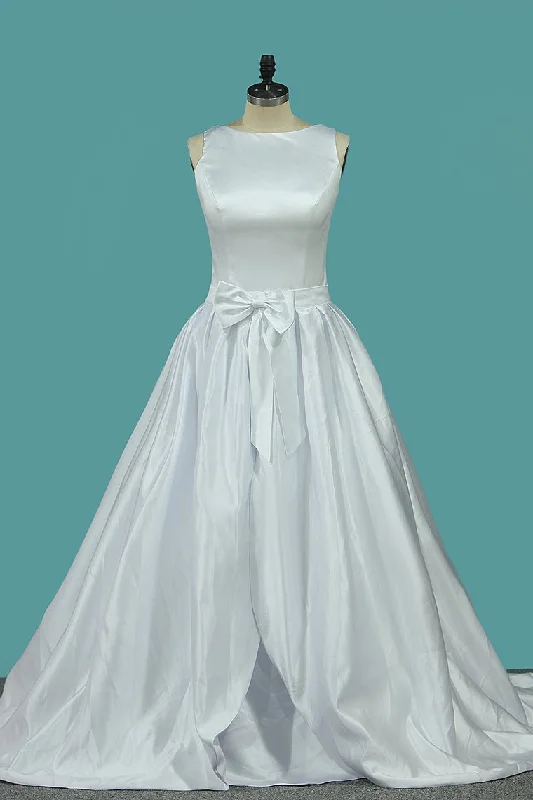 Scoop Satin A Line Wedding Dresses With Bow Knot Sweep Train Tunics Gym athletic