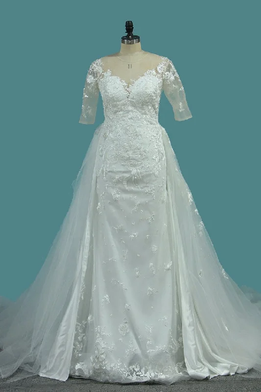 Scoop Sheath Tulle Detachable Train Wedding Dresses With Applique Tunics Formal black Scoop Sheath Tulle Detachable Train Wedding Dresses With Applique Tunics Formal black