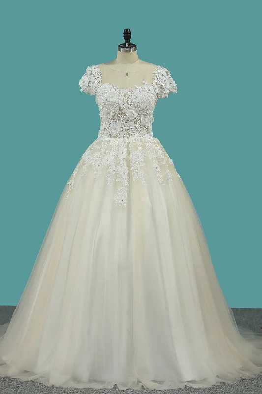 Scoop Short Sleeve With Applique Tulle Court Train Wedding Dresses Tunics Spring floral Scoop Short Sleeve With Applique Tulle Court Train Wedding Dresses Tunics Spring floral