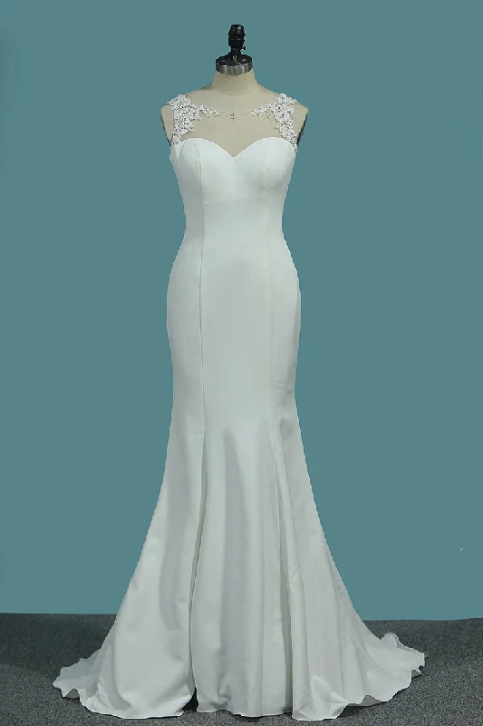 Scoop Spandex Mermaid Wedding Dresses With Applique And Beads Sweep Train Tunics Bestseller popular Scoop Spandex Mermaid Wedding Dresses With Applique And Beads Sweep Train Tunics Bestseller popular