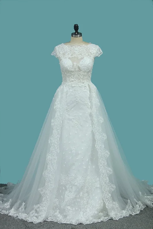Scoop Tulle Mermaid Wedding Dresses With Applique Royal Train Detachable Tunics Chic elegant Scoop Tulle Mermaid Wedding Dresses With Applique Royal Train Detachable Tunics Chic elegant