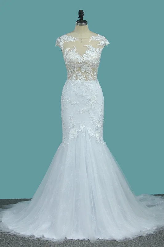 Scoop Tulle Mermaid Wedding Dresses With Applique Sweep Train Open Back Tunics Luxurious high-end Scoop Tulle Mermaid Wedding Dresses With Applique Sweep Train Open Back Tunics Luxurious high-end