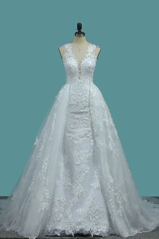 Scoop Tulle Mermaid With Applique Court Train Detachable Wedding Dresses Tunics Fashionable chic Scoop Tulle Mermaid With Applique Court Train Detachable Wedding Dresses Tunics Fashionable chic