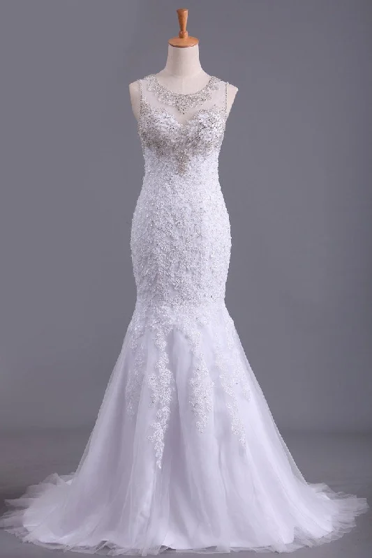 Scoop Wedding Dresses Mermaid/Trumpet Sweep Train Tulle With Applique And Beads Tunics Wedding white Scoop Wedding Dresses Mermaid/Trumpet Sweep Train Tulle With Applique And Beads Tunics Wedding white
