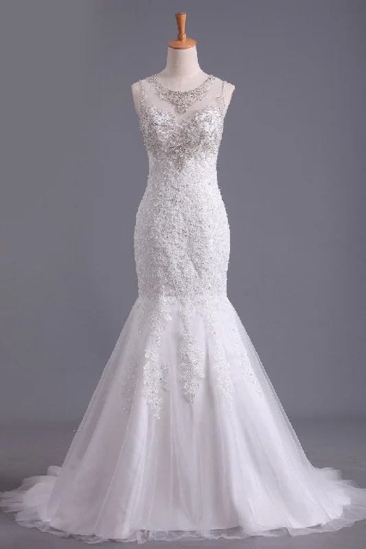 Scoop Wedding Dresses Mermaid/Trumpet Sweep Train Tulle With Applique And Beads Tunics Bridal satin Scoop Wedding Dresses Mermaid/Trumpet Sweep Train Tulle With Applique And Beads Tunics Bridal satin