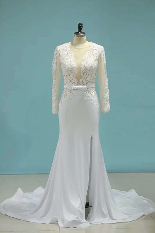 Scoop Wedding Dresses Mermaid With Sash And Slit Tunics Business professional