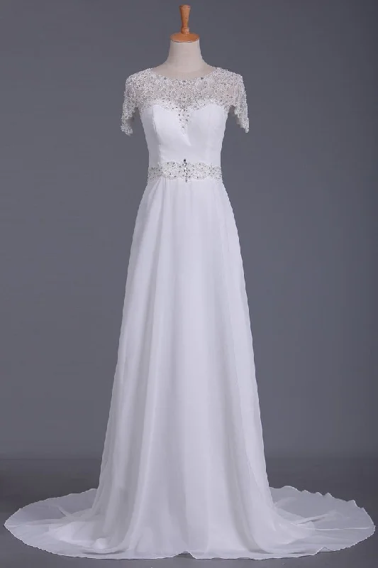 Scoop Wedding Dresses Sheath With Beading Chiffon Sweep Train Tunics Summer linen