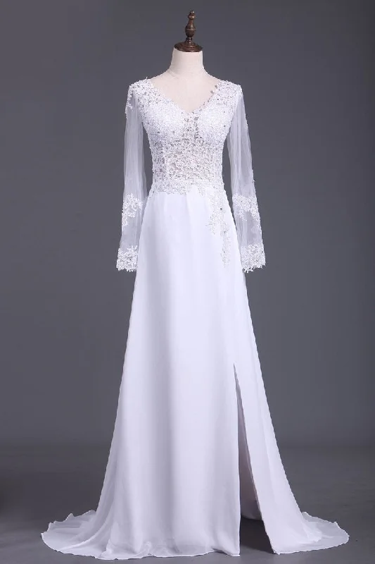 See-Through Prom Dresses V Neck Long Sleeves Chiffon With Applique And Slit Tunics Recommended stylist See-Through Prom Dresses V Neck Long Sleeves Chiffon With Applique And Slit Tunics Recommended stylist