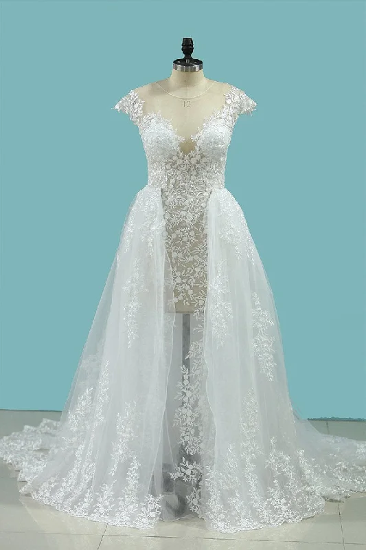 Sexy Beach Scoop Wedding Dresses Sheath Lace See-Through Tunics Timeless classic